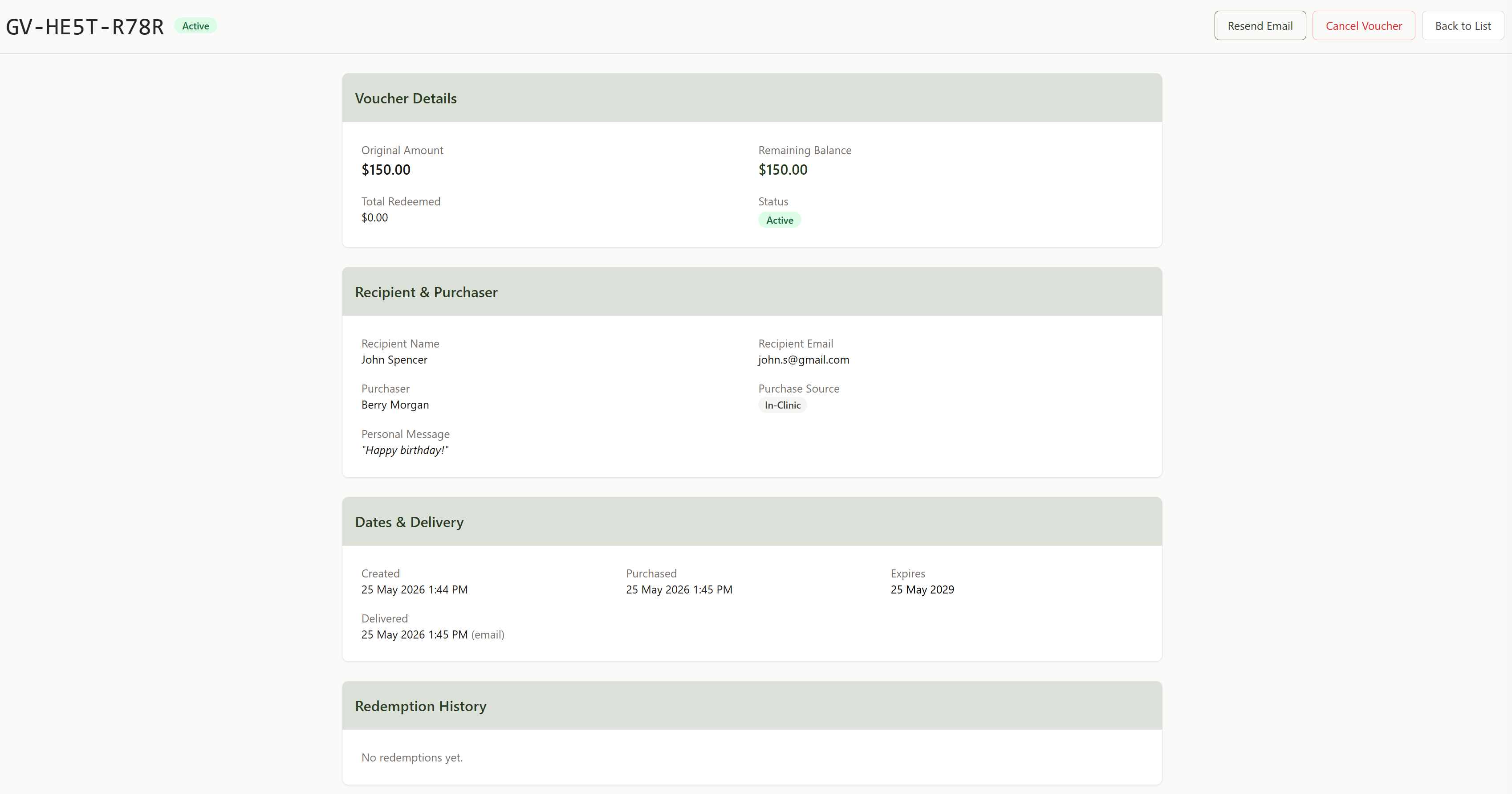 A single gift voucher detail page showing Resend Email and Cancel Voucher buttons, voucher details, recipient and purchaser information, delivery dates, and redemption history