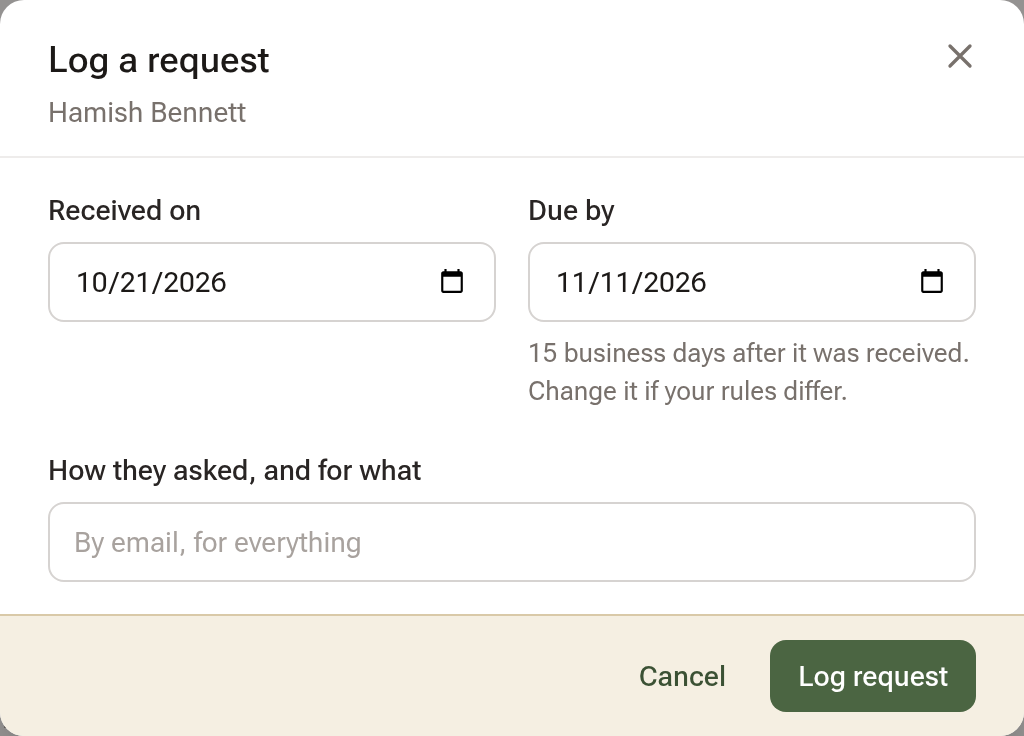The Log a request window: received on, due by, and a note