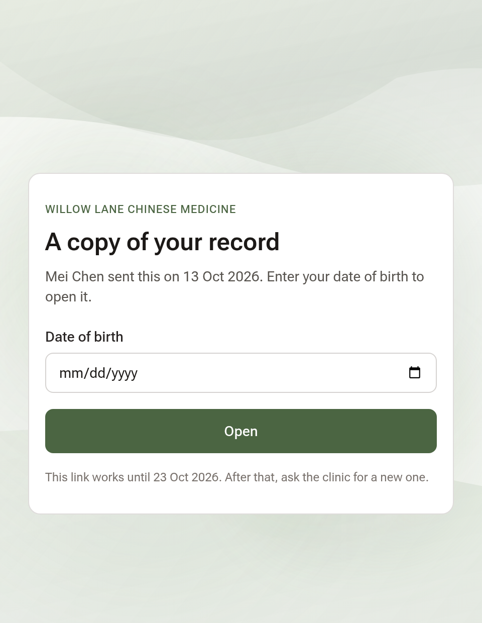 The patient's page from the secure link, asking for their date of birth