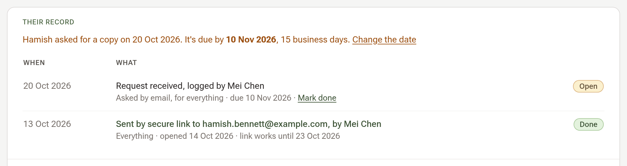 The Their record part on a client's Legal & Compliance, with an open request's amber line and the copies below it