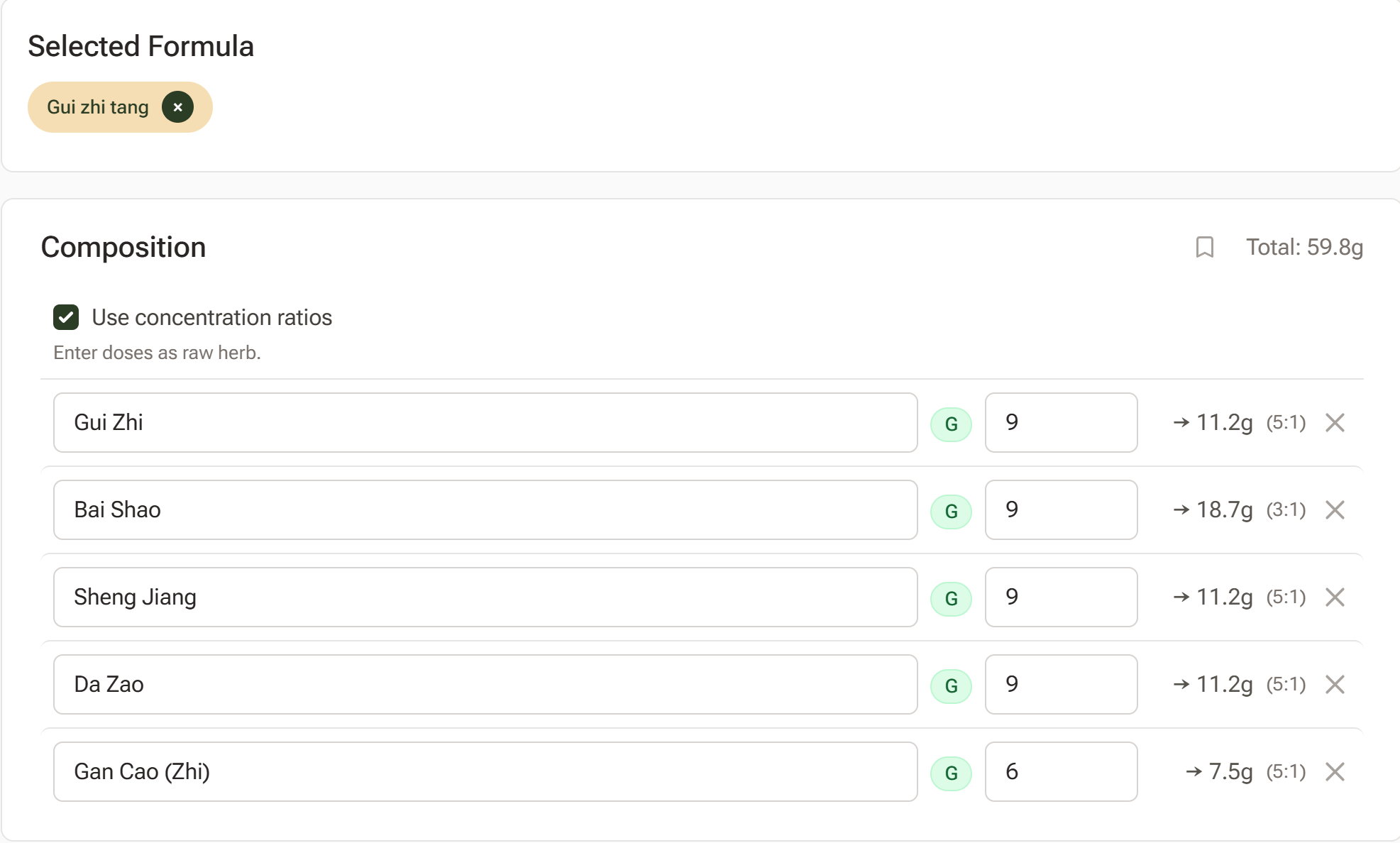 The prescription builder with the Use concentration ratios checkbox ticked above the herb list, and herb rows showing arrow conversion hints such as 11.2g (5:1) beside the typed raw doses