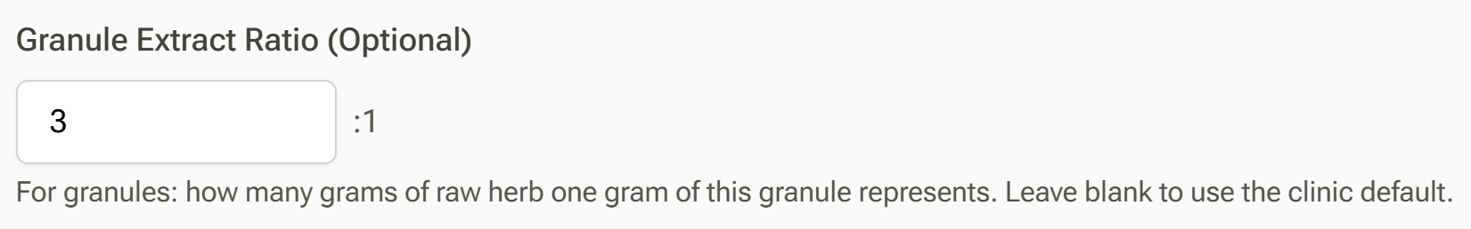 The herb material edit form showing the Granule Extract Ratio field with a :1 suffix and its explanatory hint