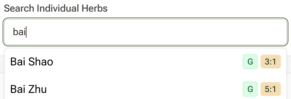 The herb search dropdown showing a green G material-type badge and a 5:1 concentration ratio badge beside a herb name