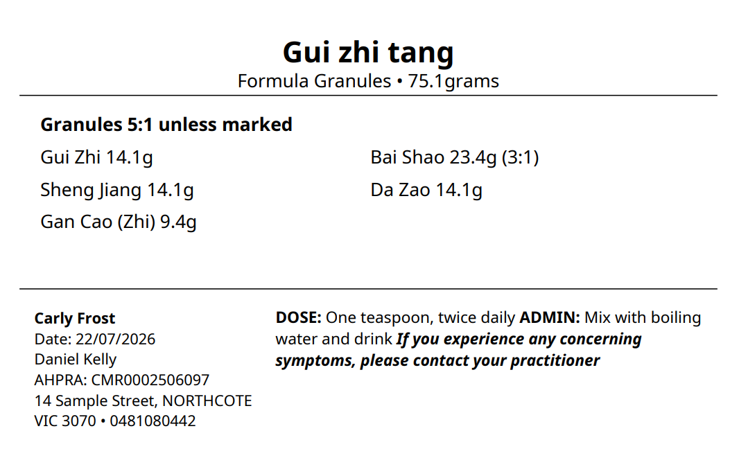 A printed dispensing label showing the Granules 5:1 unless marked summary line above the herb list, with one herb marked (3:1)