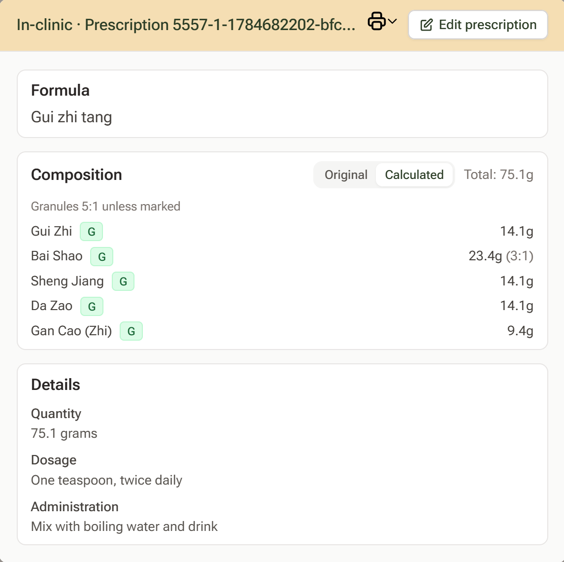 A saved prescription showing the Granules 5:1 unless marked summary above the herbs and dosages table with one herb annotated