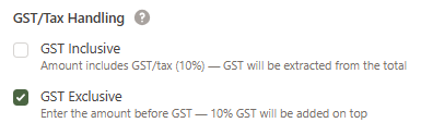 An expense form with the GST handling fields — GST Inclusive and GST Exclusive checkboxes