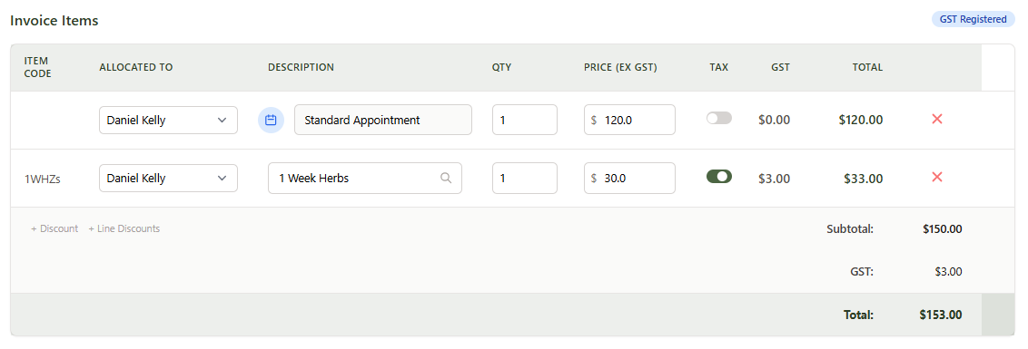 An invoice with two line items — a Follow-up Consultation marked GST-free and a bottle of supplements with GST applied — and a totals section showing Subtotal, GST, and Total rows