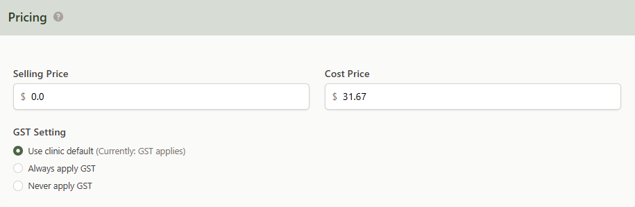 A Product edit form showing the GST Applicable field with options Use clinic default, Always apply GST, and Never apply GST