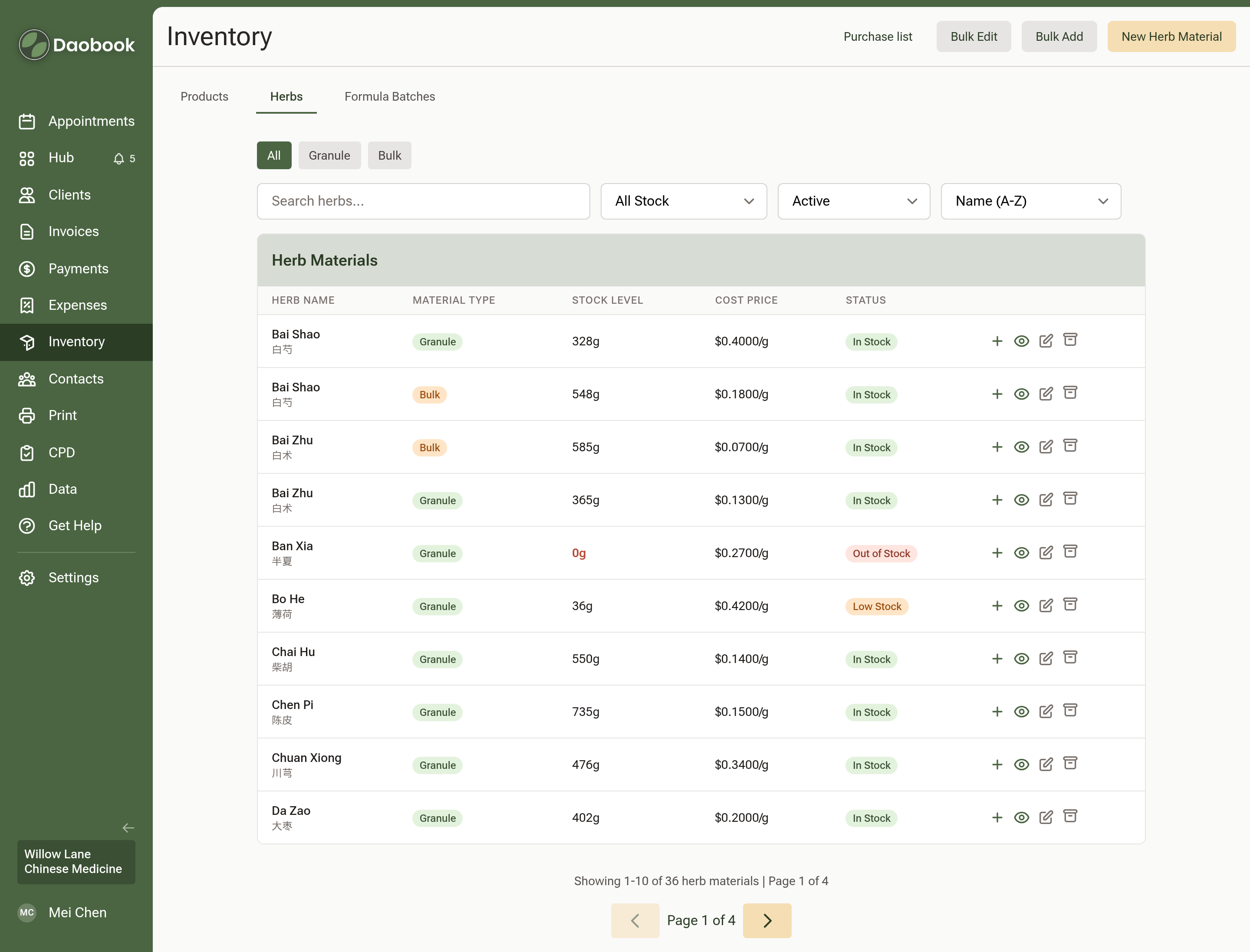 The Herbs tab of Inventory, with granule and bulk filters, each herb showing its Chinese name, stock level and cost per gram, and the status column marking one herb Out of Stock at 0g and another Low Stock at 36g