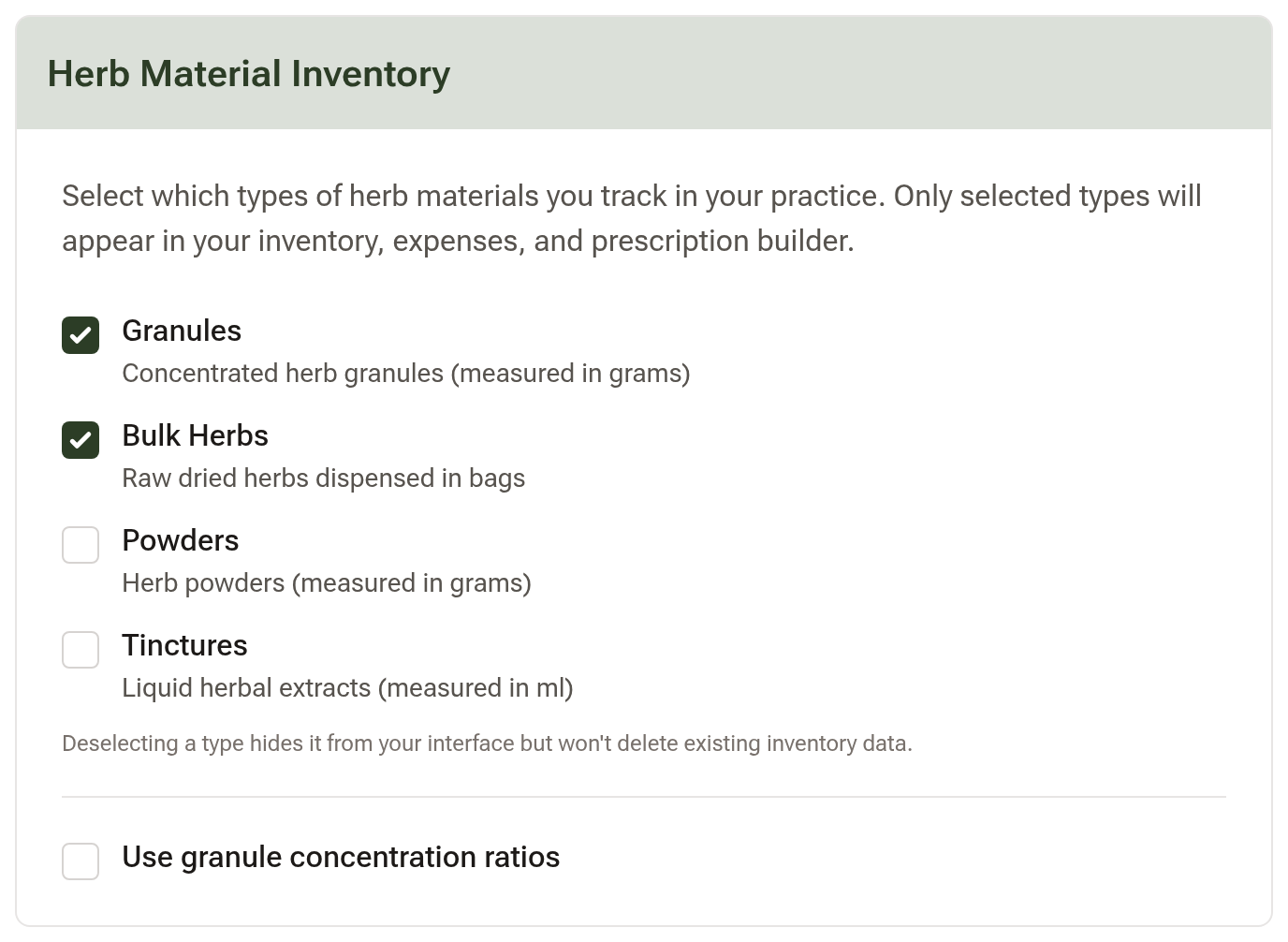 The Herb Material Inventory setting with Granules and Bulk Herbs ticked, Powders and Tinctures left unticked, and the granule concentration ratios option below