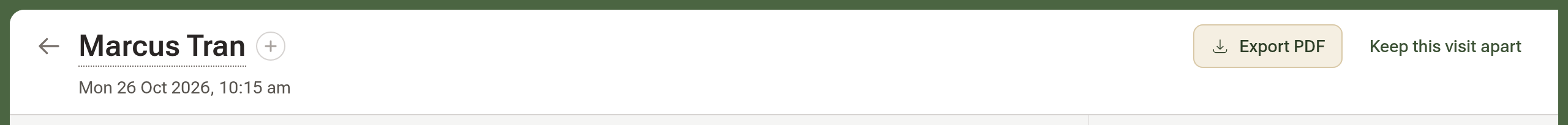 A visit page's header with the Keep this visit apart button beside Export PDF