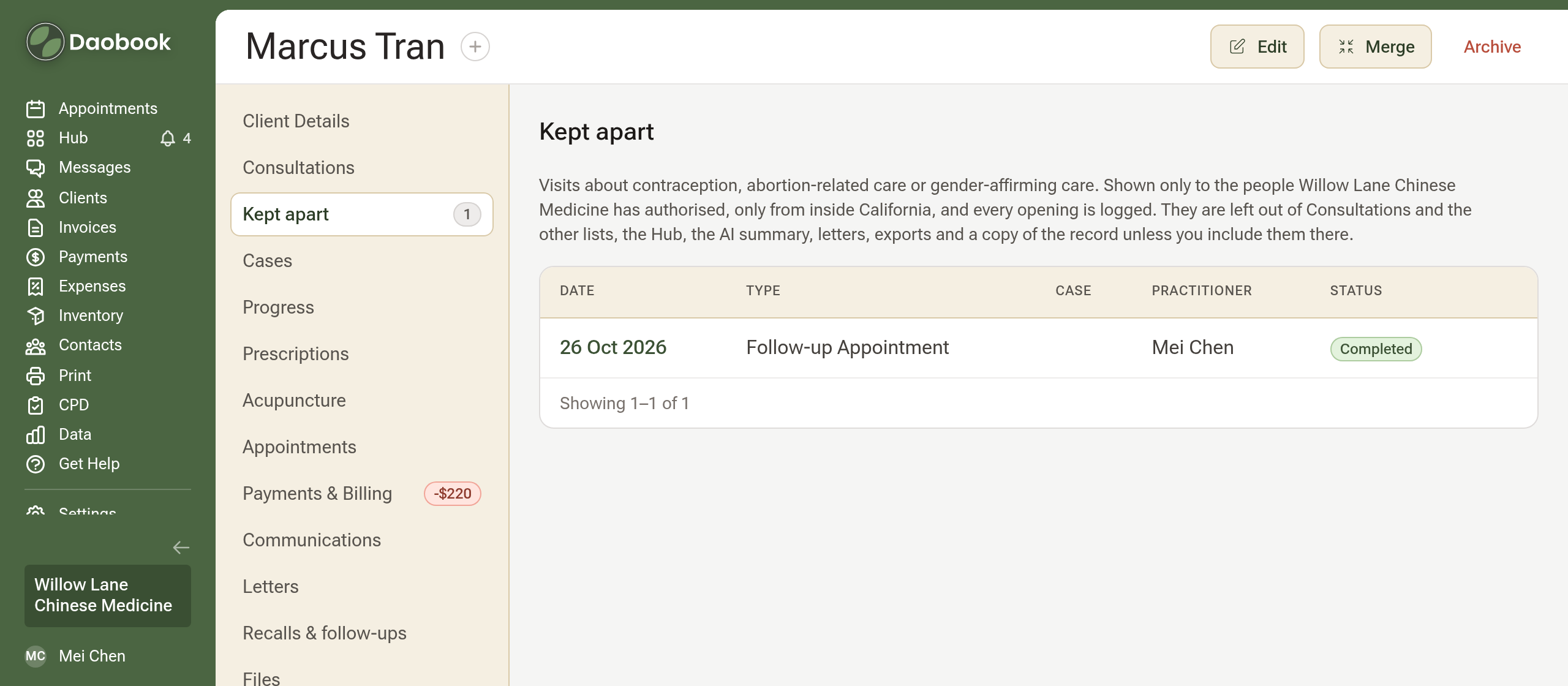 A client's profile with the Kept apart row in its side menu and the kept-apart visits listed