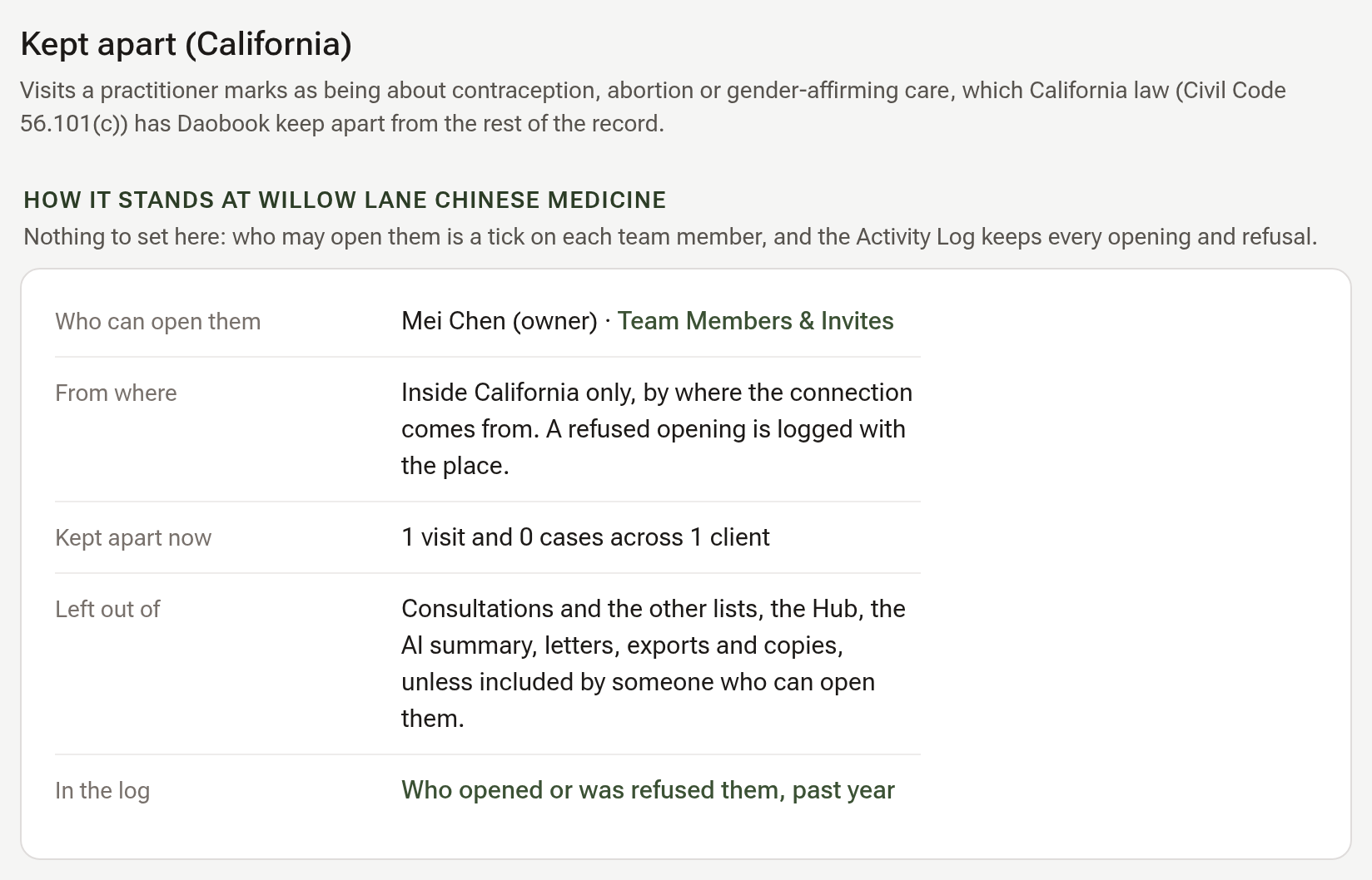 The Kept apart (California) section in Settings → Security