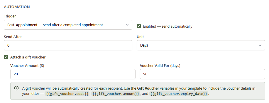 Automation settings showing trigger dropdown, enable toggle, gift voucher checkbox with amount and expiry fields