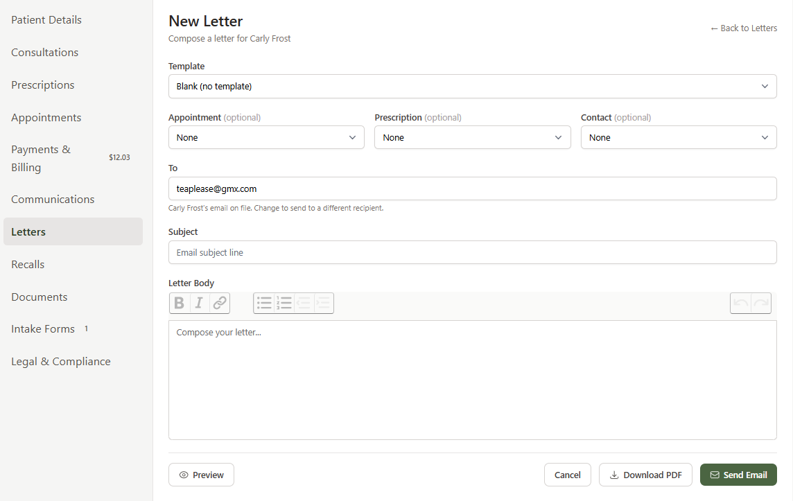 Letter compose page showing template picker, appointment and prescription selectors, subject, and body editor