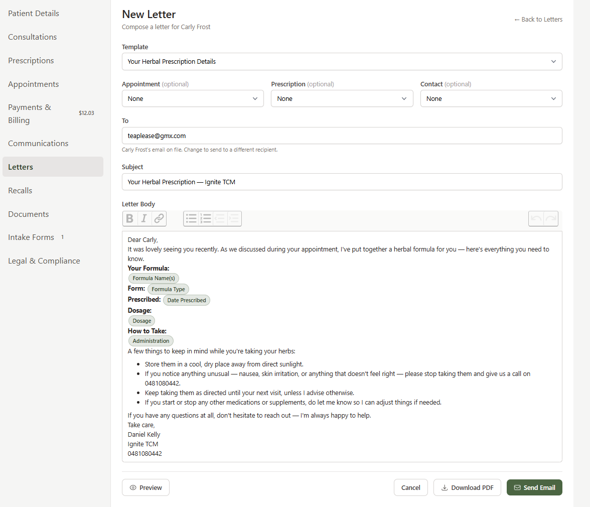 Compose page after loading a prescription template with formula details automatically populated