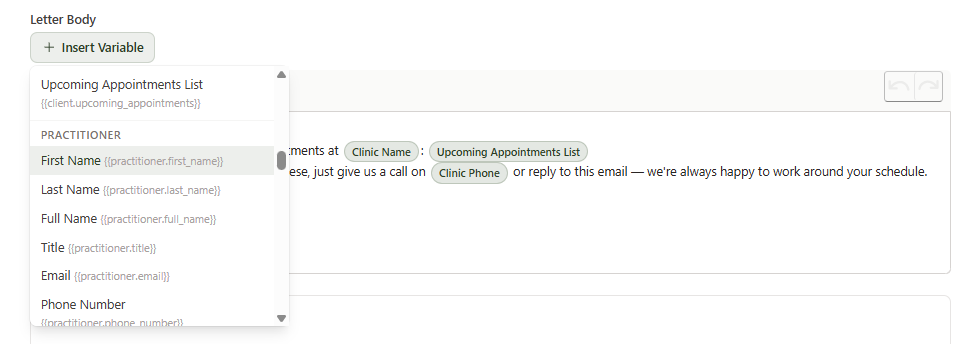 Insert Variable dropdown showing placeholder groups including Client, Practitioner, Clinic, Appointment, Prescription, and Contact