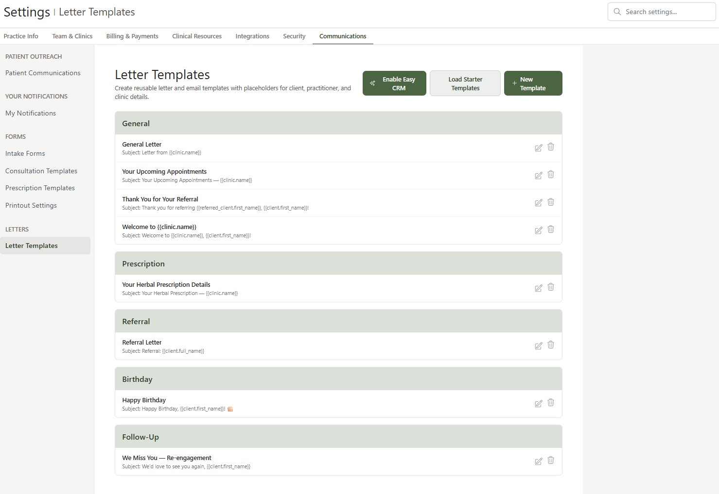 Letter Templates settings page showing template list organised by category with Easy CRM, Load Starter Templates, and New Template buttons