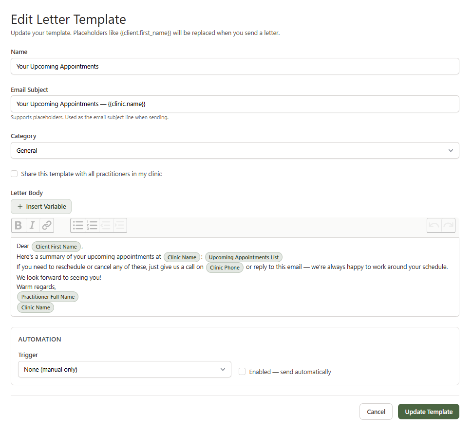 Letter template editor showing the rich text body with placeholder chips and the Insert Variable button