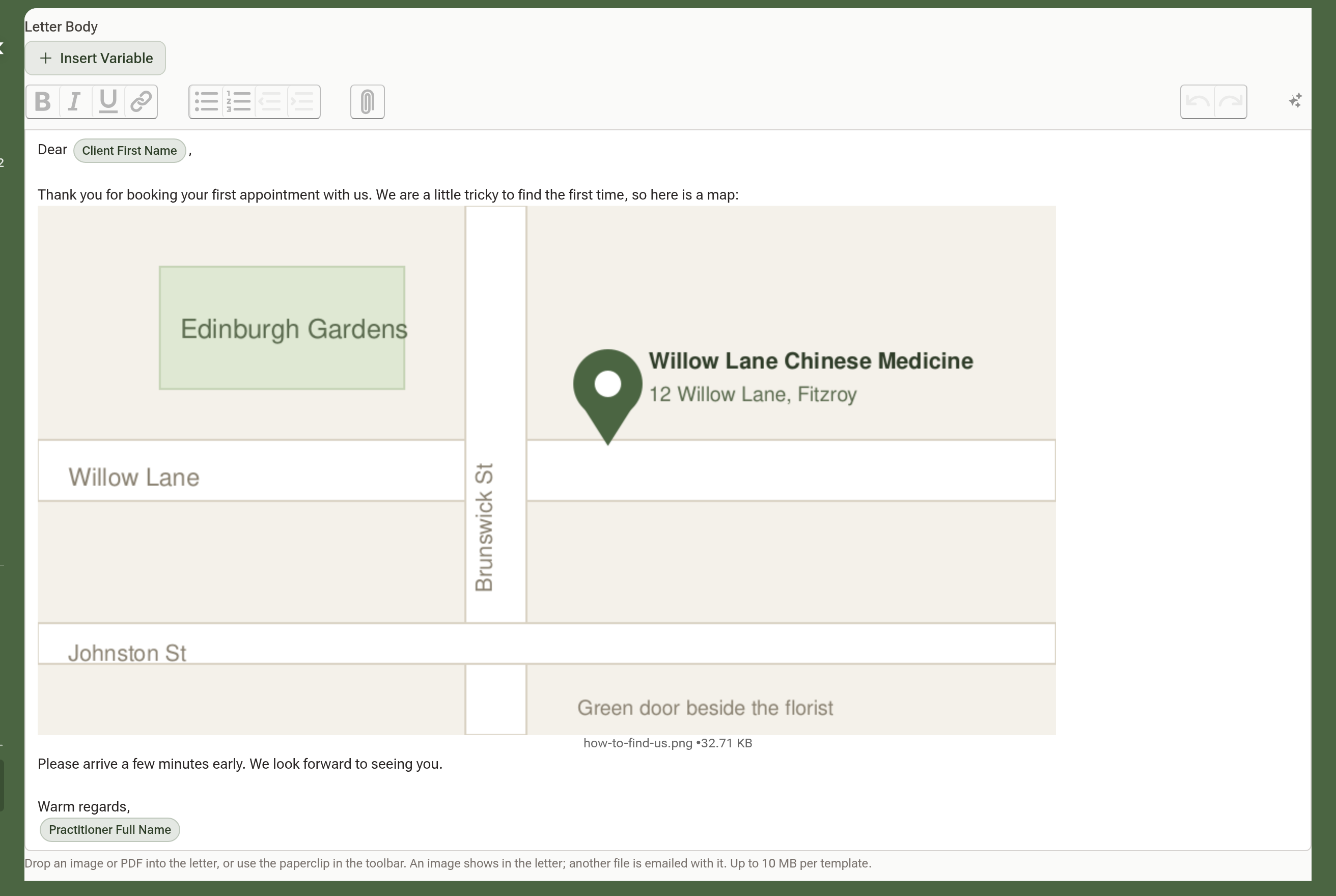Letter template editor with a map image dropped into the body beneath the text, and the paperclip button in the toolbar