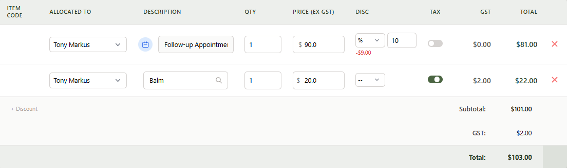 An invoice line item with a 10% discount applied, showing the reduced total and red discount amount
