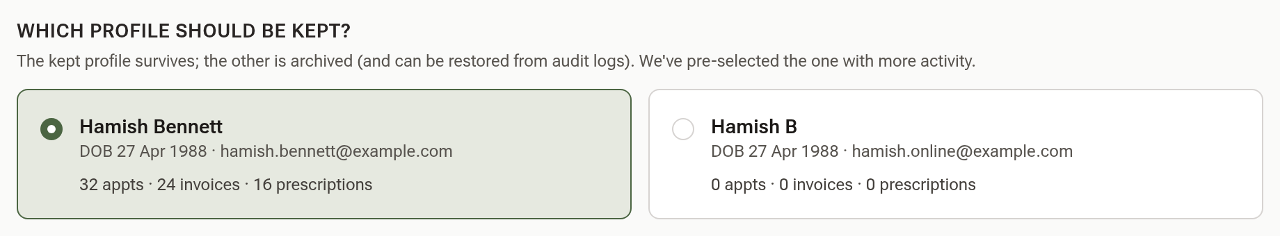 Two profile cards side by side: Hamish Bennett with 32 appointments selected to keep, and Hamish B with none