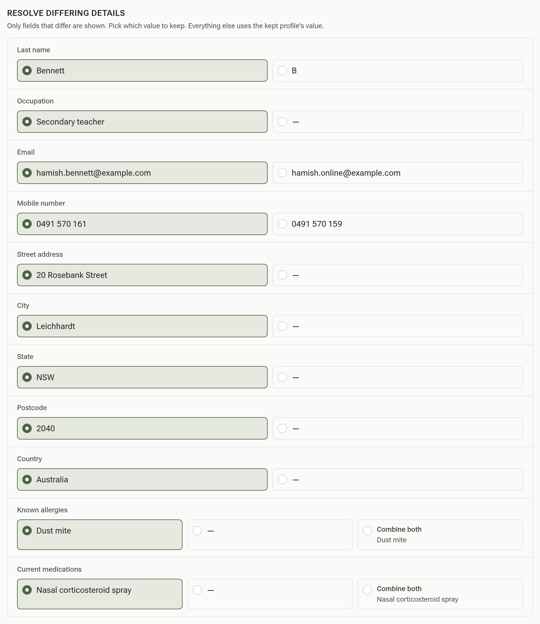 The Resolve differing details list, with the full surname Bennett chosen over B, and the kept profile's email, mobile, address, allergies and medications selected