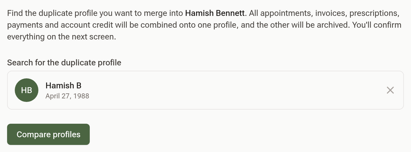 The Merge profile page with the duplicate profile Hamish B selected and the Compare profiles button below