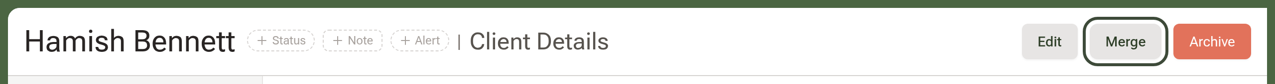 The top of a client profile with the Merge button highlighted between Edit and Archive