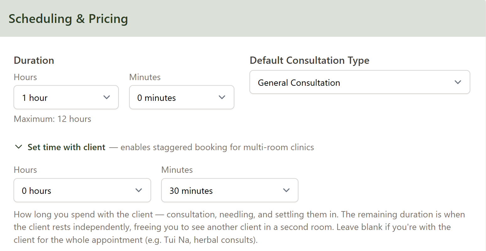 The Scheduling and Pricing section of the appointment type form, with Duration set to 1 hour, the Set time with client disclosure expanded, and the inner selector set to 0 hours and 30 minutes