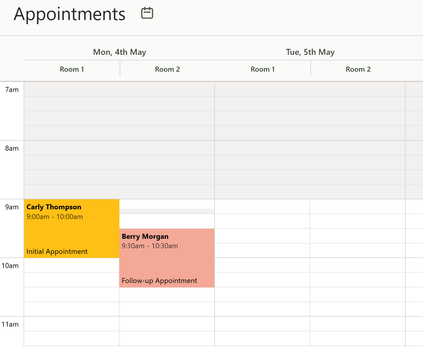A single-practitioner calendar for Mon 4th May with Room 1 and Room 2 sub-headers, showing one appointment at 9:00 to 10:00 in Room 1 and a second staggered appointment at 9:30 to 10:30 in Room 2