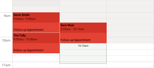 A packed multi-room calendar day showing Openings, with green preview boxes tiled through the free room lanes at every time the chosen service fits