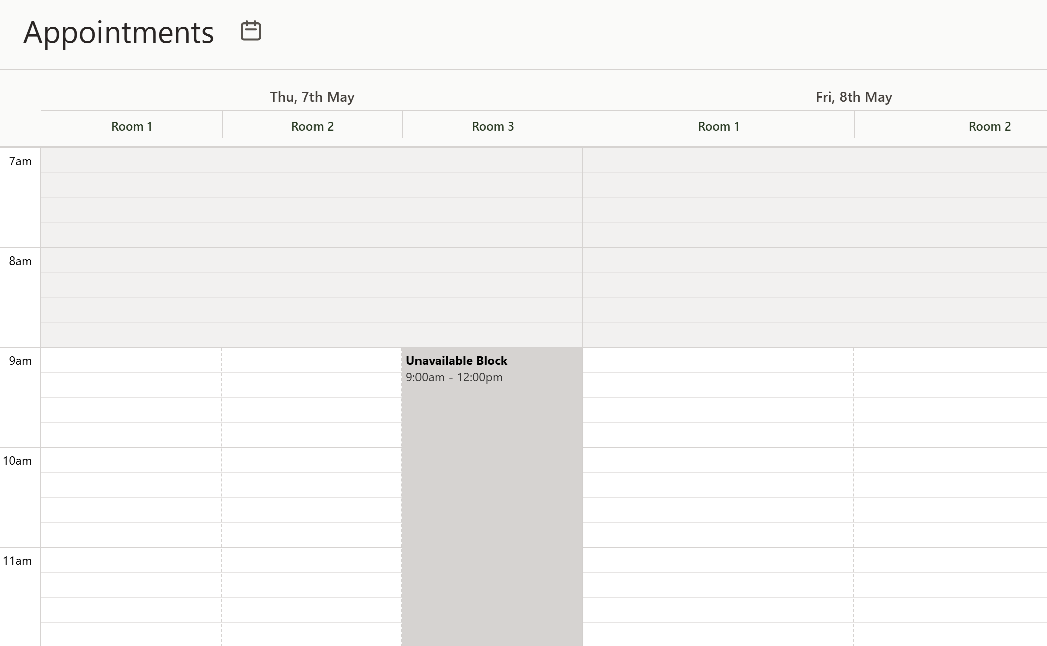 A three-room calendar day with an unavailable block occupying the Room 3 lane from 10:00 to 11:00, while Rooms 1 and 2 stay empty and bookable