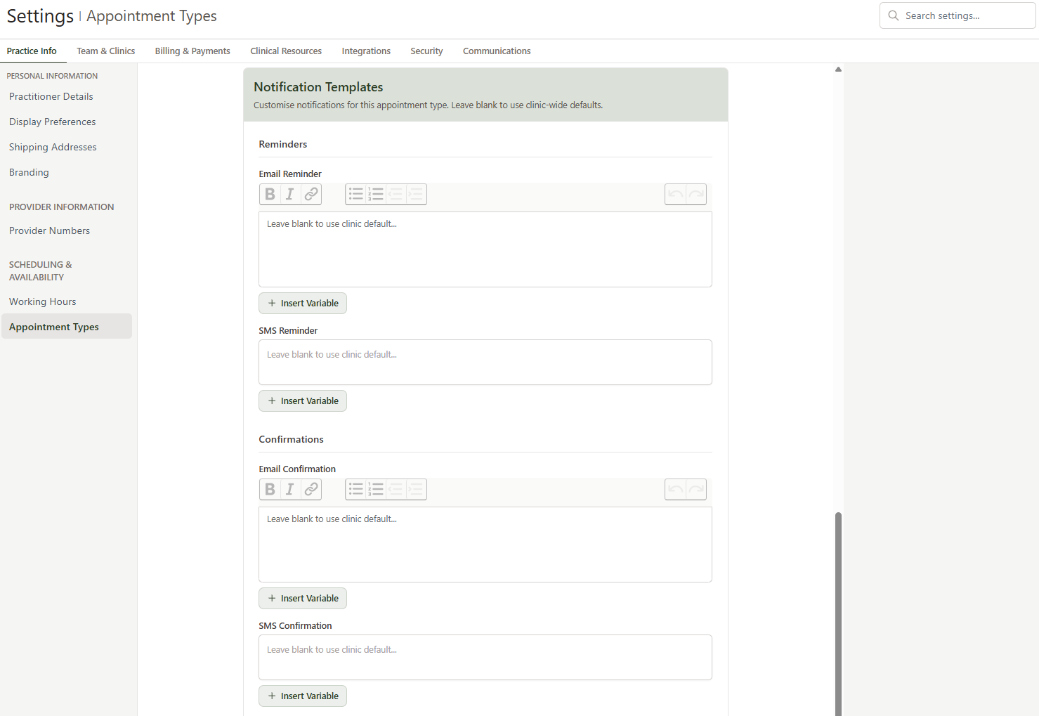 Appointment type edit form showing the Notification Templates section with Reminders, Confirmations, and Cancellations