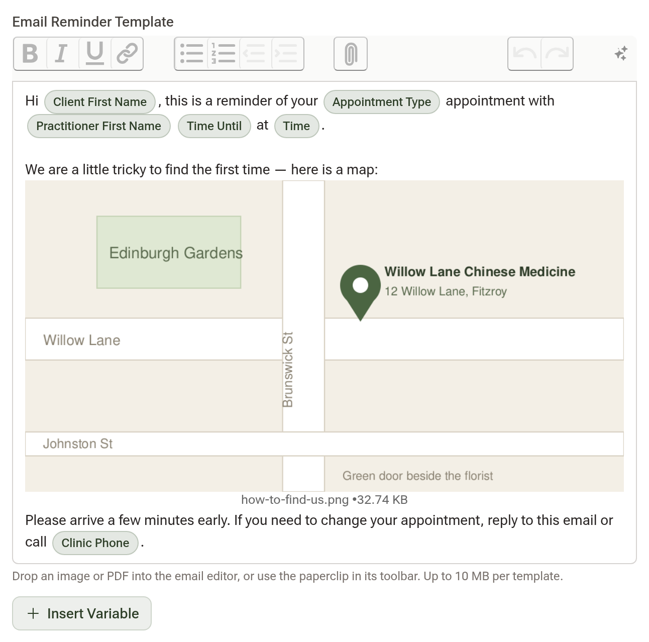 The email reminder editor with a clinic map dropped into it, and the paperclip button in the toolbar