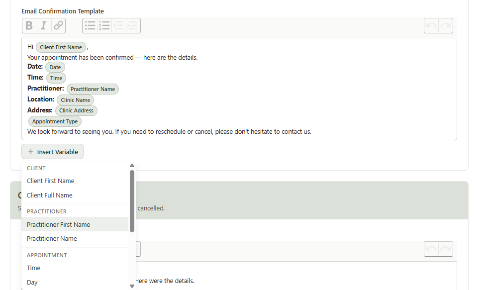 Insert Variable dropdown open showing Client, Practitioner, Appointment, and Clinic variable categories