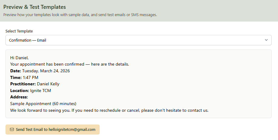 Preview and Test section showing a rendered Confirmation Email preview with Send Test Email button