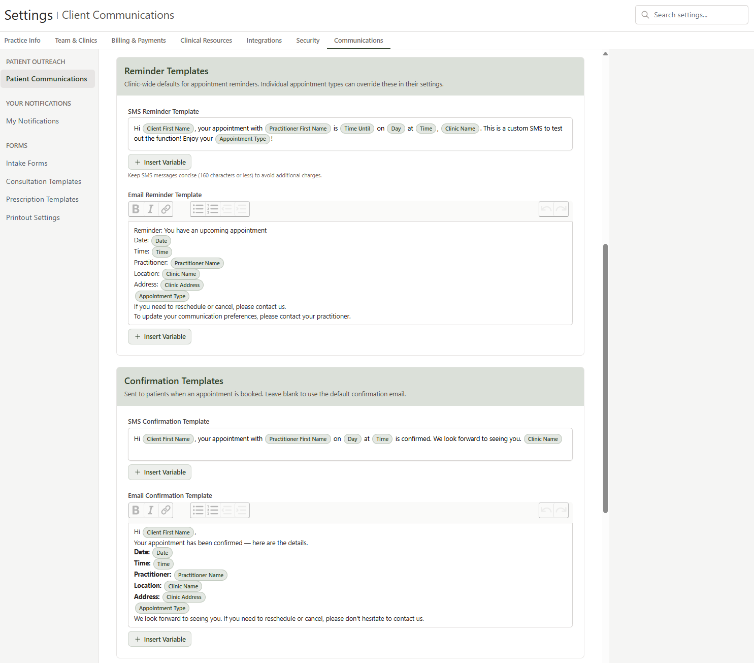 Reminder and Confirmation template editors showing SMS plain text and email rich text editors