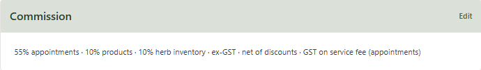 The Commission section on a team member's profile, collapsed to a single summary line reading '55% appointments · ex-GST · net of discounts · GST on service fee (appointments)' with an Edit button on the right