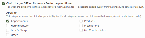 The GST-on-fee category list revealed after ticking the master toggle, with Appointments checked and Products, Herb Inventory, Prescriptions, Fees, Gift Vouchers, and Other left unchecked