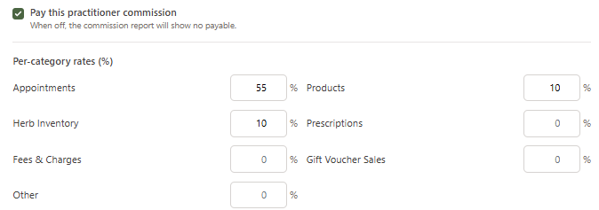 The per-category commission rates grid in the form, with percentage inputs for each category — Appointments at 55%, Products at 10%, and other categories left blank