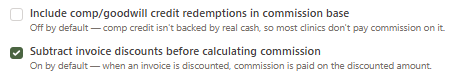 The two policy checkboxes — 'Include comp/goodwill credit redemptions in commission base' (unticked) and 'Subtract invoice discounts before calculating commission' (ticked)