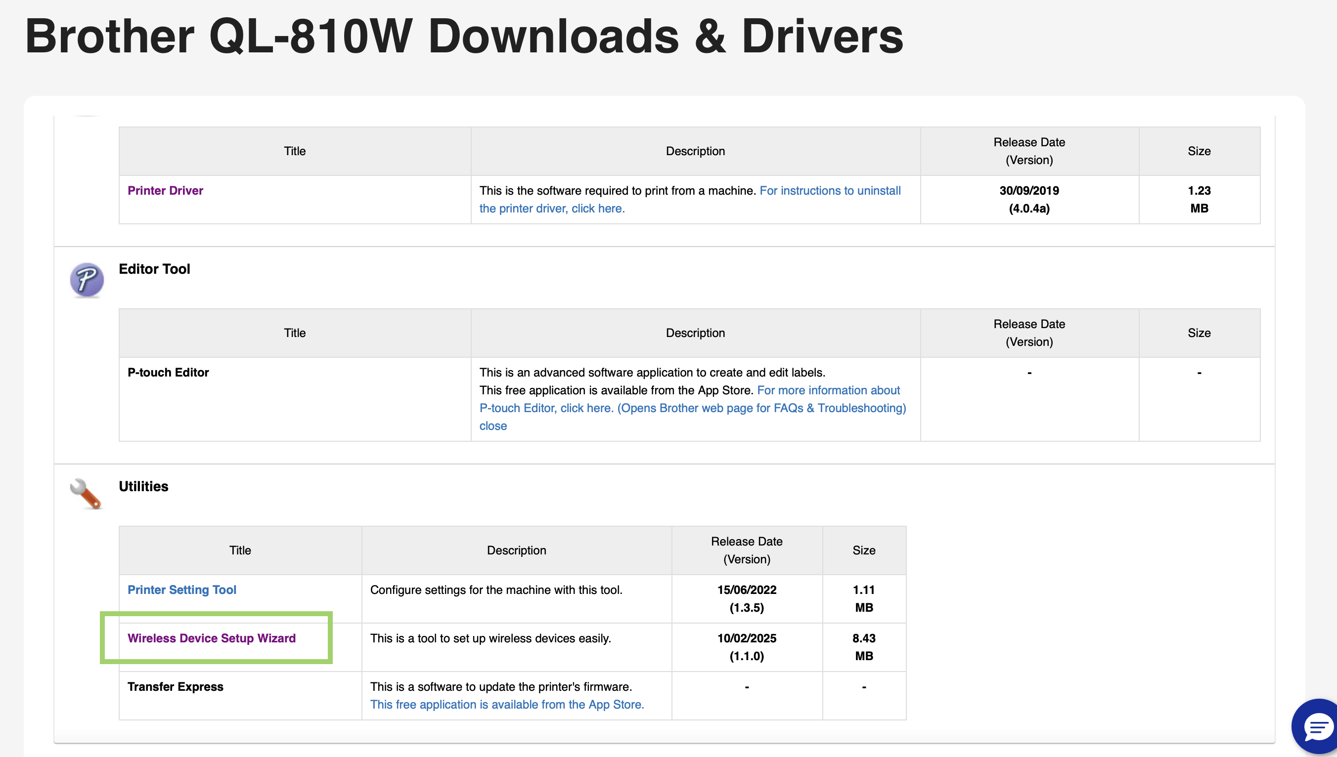 Brother QL-810W Downloads & Drivers page showing the Wireless Device Setup Wizard under Utilities