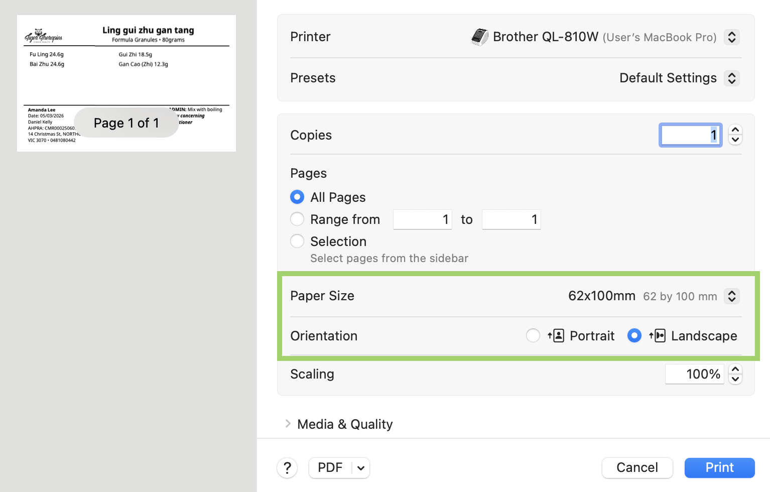 Mac print dialog showing Brother QL-810W with Paper Size set to 62x100mm and Orientation set to Landscape