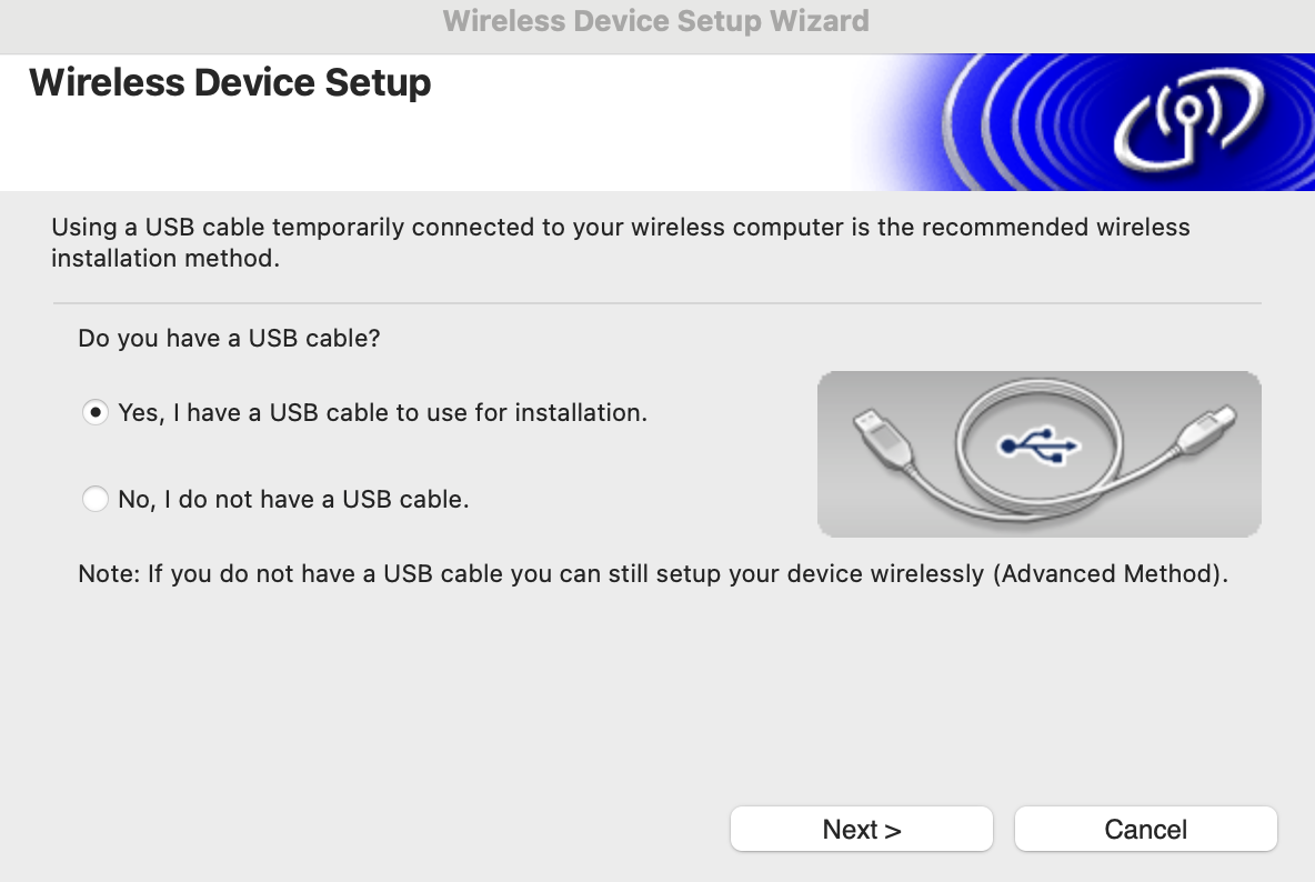 Wireless Device Setup Wizard asking if you have a USB cable