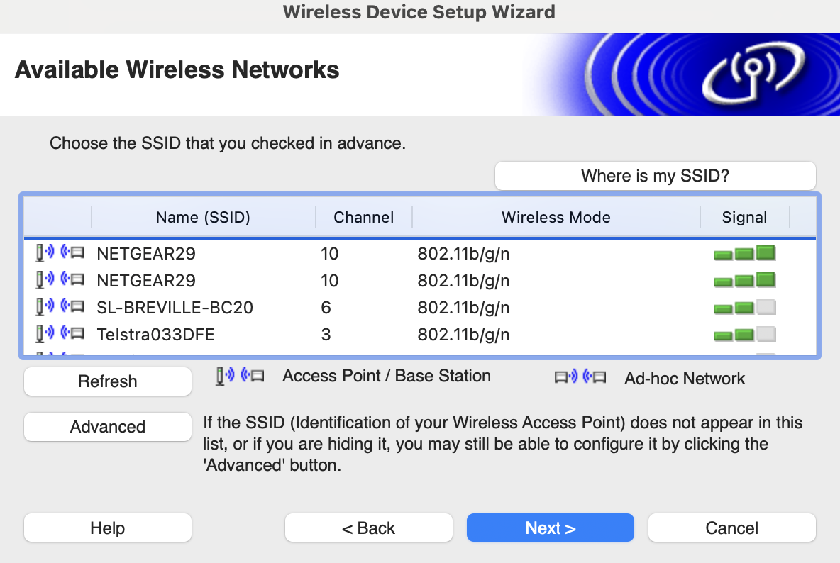 Wireless Device Setup Wizard showing available WiFi networks