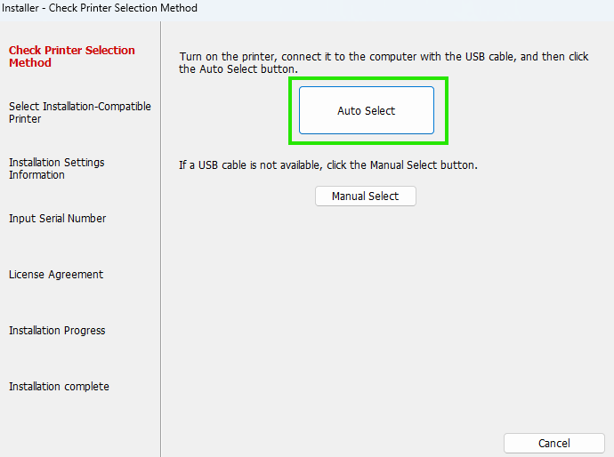 Installer showing Check Printer Selection Method with Auto Select button