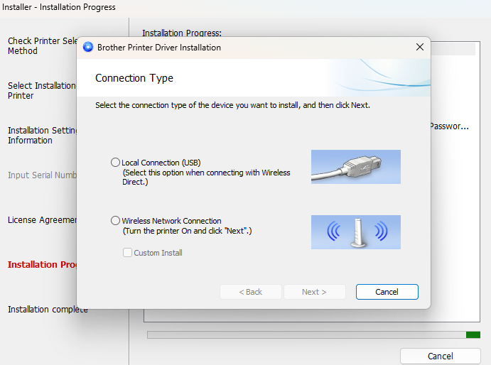 Connection Type prompt showing Wireless Network Connection option