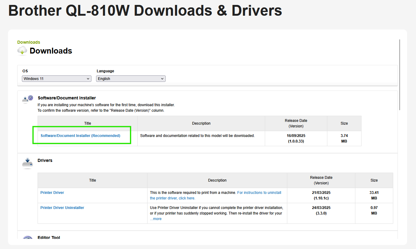Brother QL-810W Downloads page showing the Software/Document Installer option for Windows