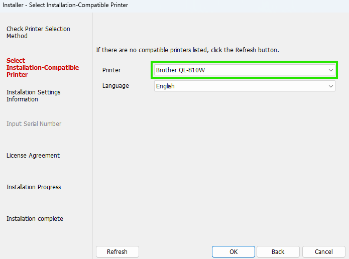 Installer showing Brother QL-810W auto-detected in the printer dropdown